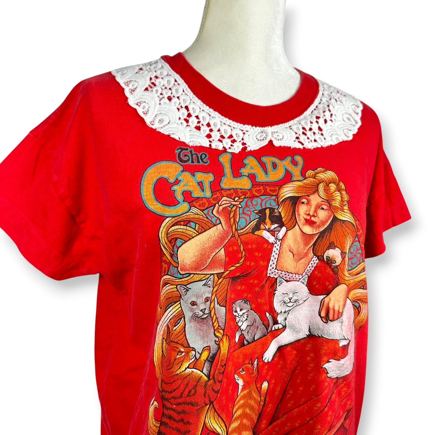 Vintage Crazy but Fabulous Cat Lady Red Tee with Lace Collar