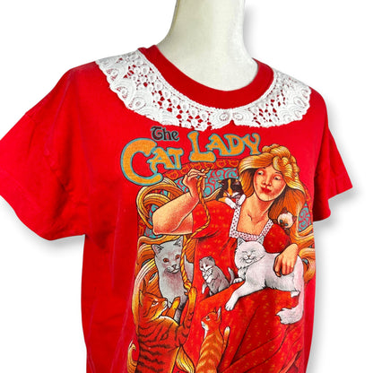 Vintage Crazy but Fabulous Cat Lady Red Tee with Lace Collar