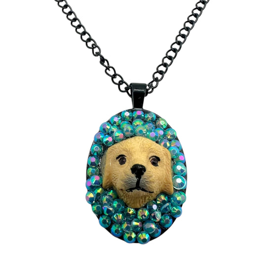 Golden Pup in Blue Iridescence Necklace