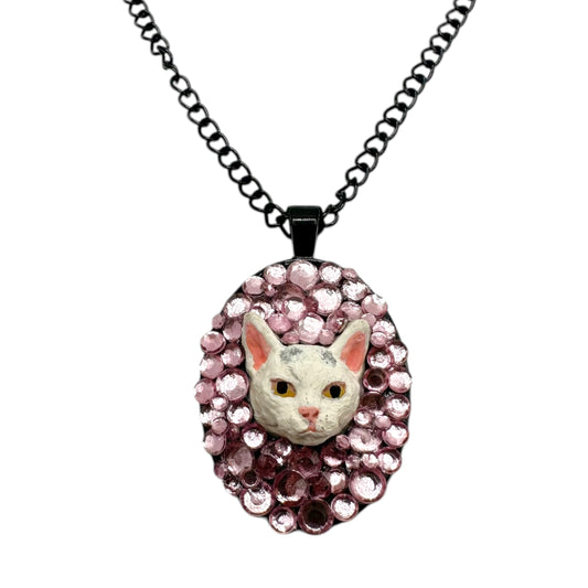 White Kitty in Pink Rhinestones Necklace
