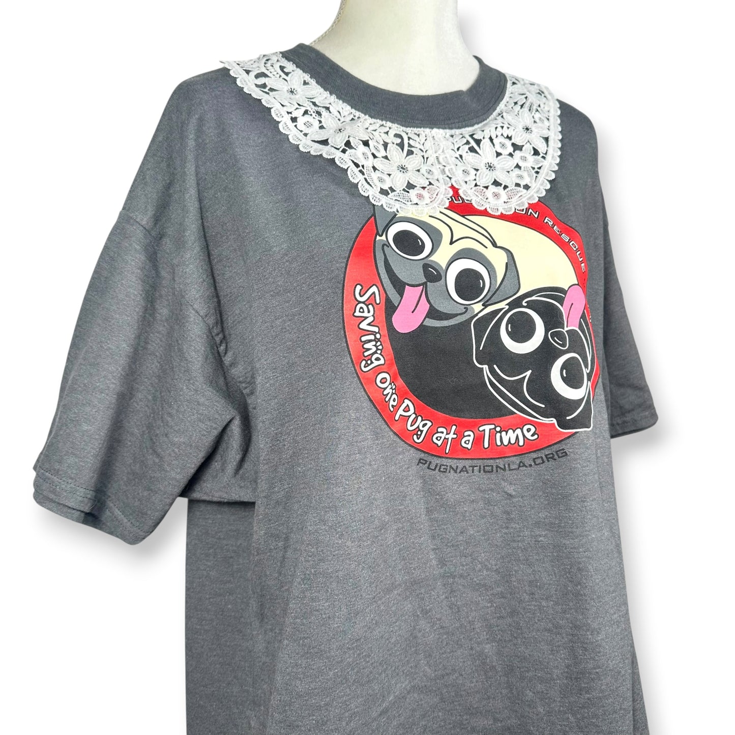 Ying and Yang Pugs Grey Tee with Lace Collar