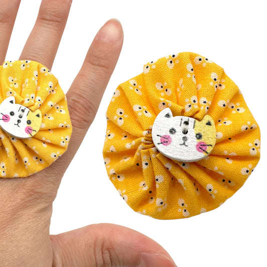Fabric Swirl Kitty Cat Adjustable Ring - Yellow