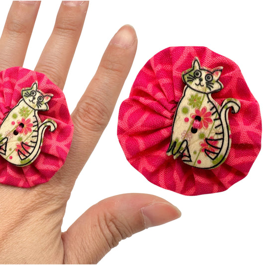 Fabric Swirl Kitty Cat Adjustable Ring - Hot Pink