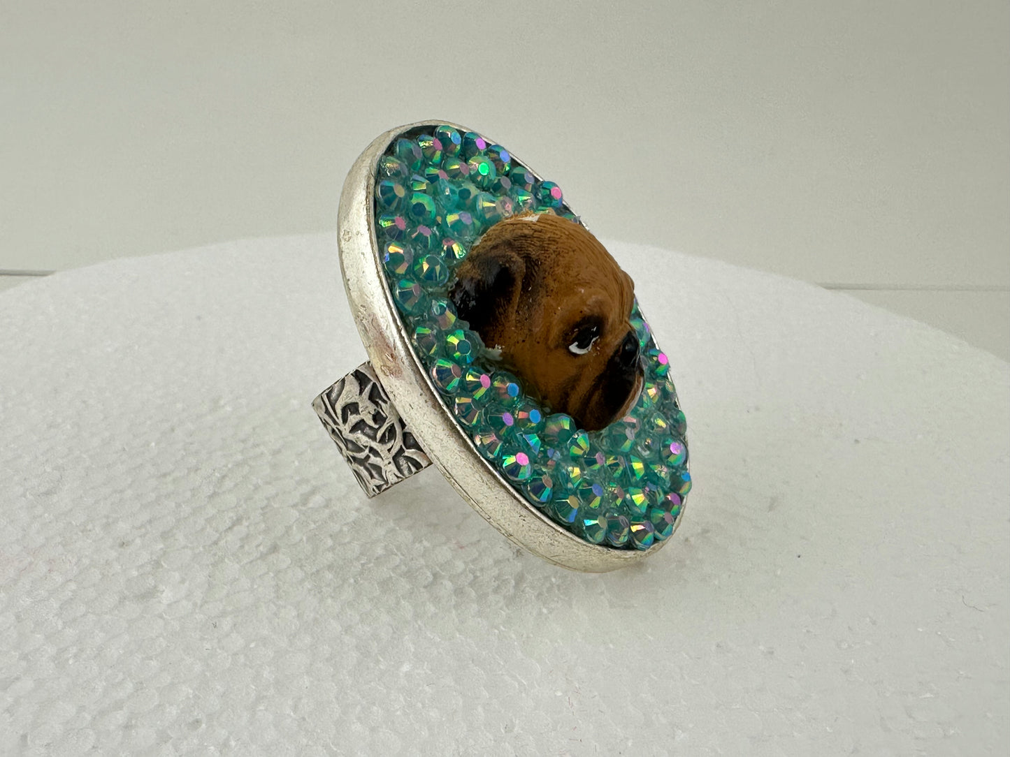 Tenderhearted Turquoise Bedazzled Bulldog Ring