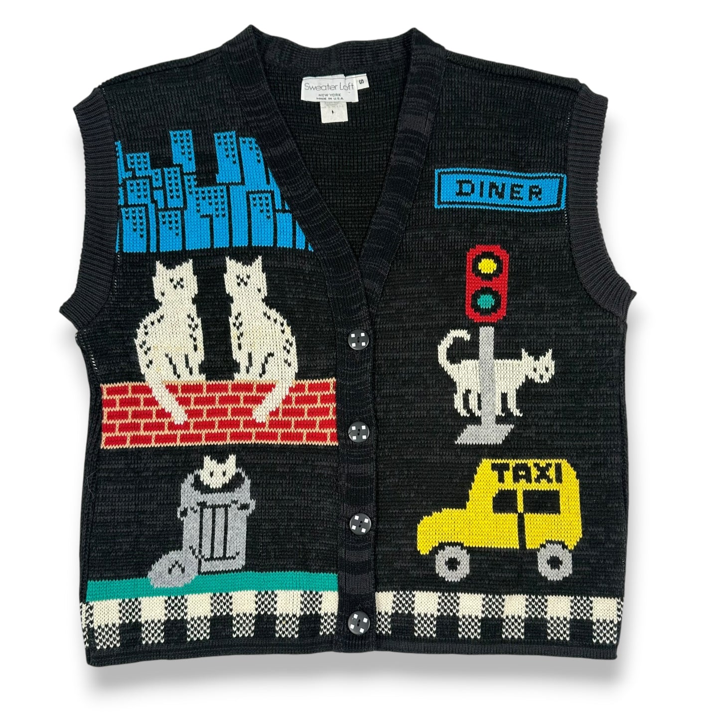 Vintage Knit Kitties in the City Sweater Vest