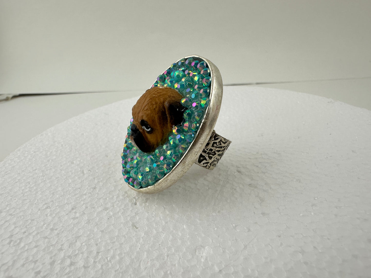 Tenderhearted Turquoise Bedazzled Bulldog Ring