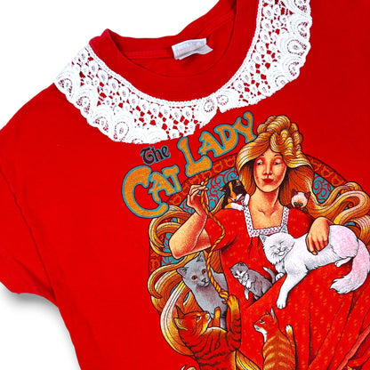 Vintage Crazy but Fabulous Cat Lady Red Tee with Lace Collar
