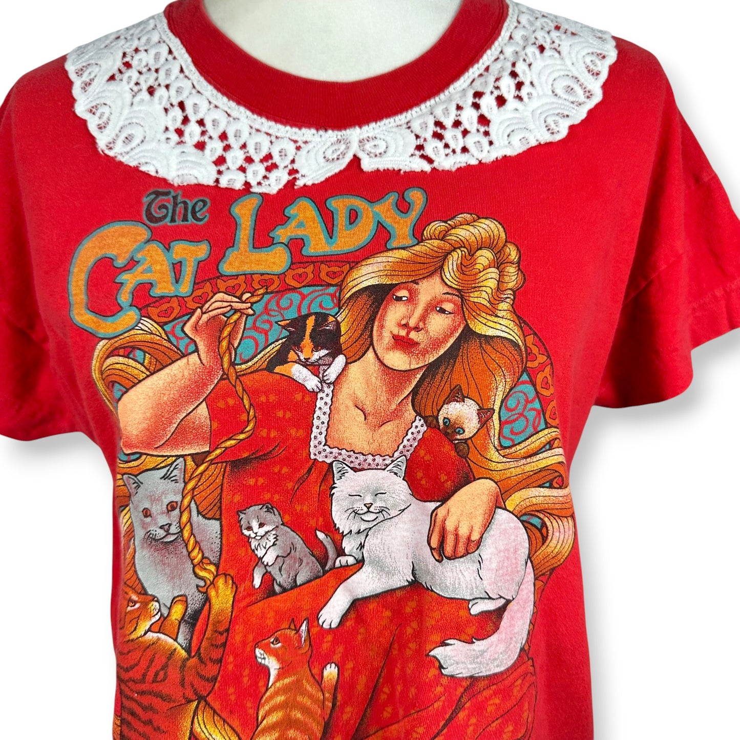 Vintage Crazy but Fabulous Cat Lady Red Tee with Lace Collar