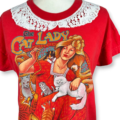 Vintage Crazy but Fabulous Cat Lady Red Tee with Lace Collar