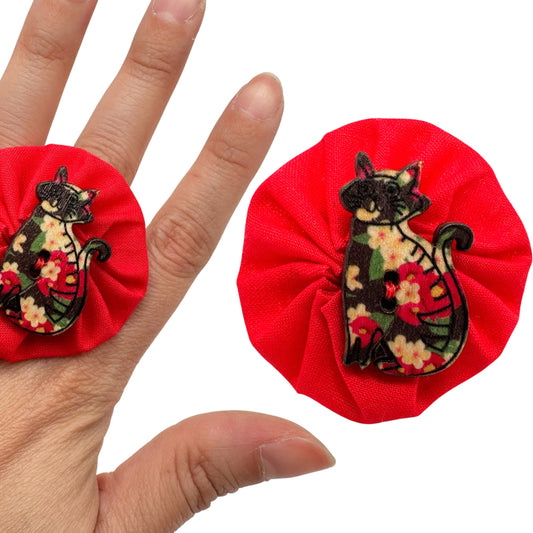 Fabric Swirl Kitty Cat Adjustable Ring - Red