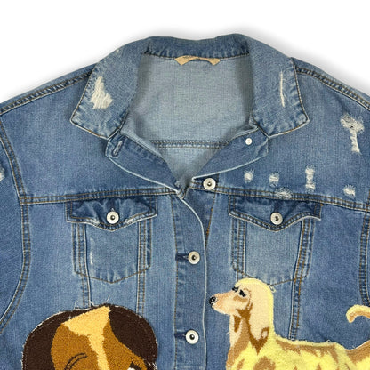 Vintage Upcycled Embroidered Patches Denim Jacket Dog Themed