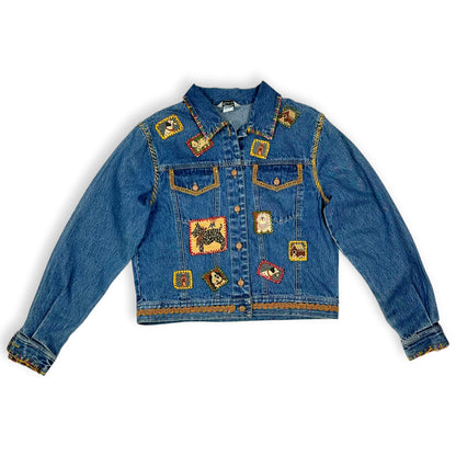 Vintage Handmade Embroidered Dog Themed Denim Jacket