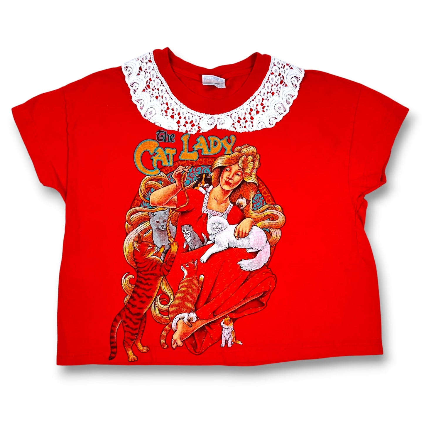 Vintage Crazy but Fabulous Cat Lady Red Tee with Lace Collar
