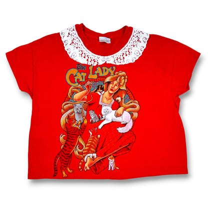 Vintage Crazy but Fabulous Cat Lady Red Tee with Lace Collar