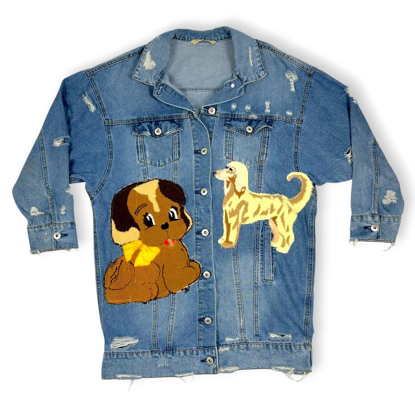 Vintage Upcycled Embroidered Patches Denim Jacket Dog Themed