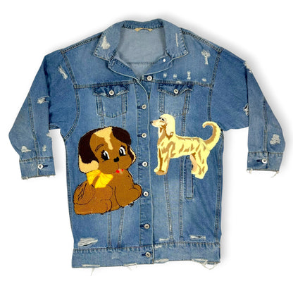 Vintage Upcycled Embroidered Patches Denim Jacket Dog Themed