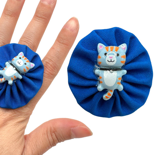Fabric Swirl Kitty Cat Adjustable Ring - Blue