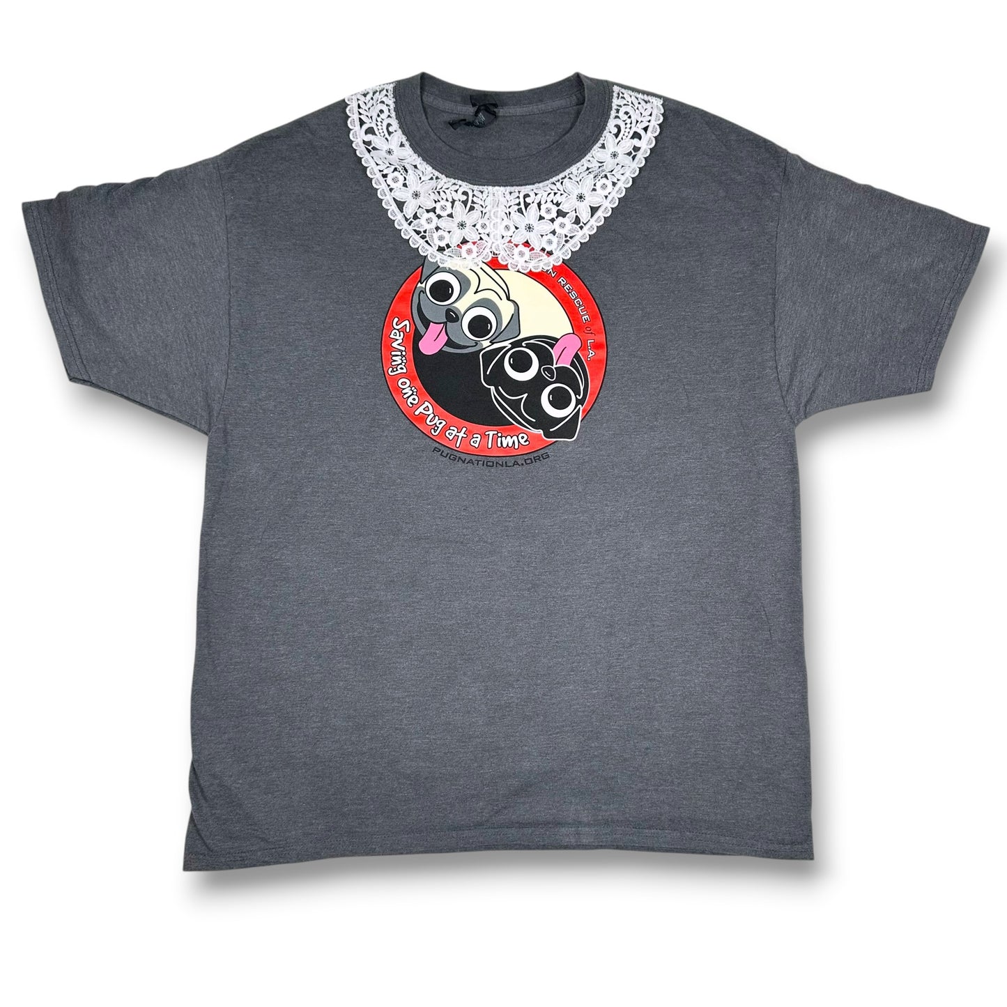Ying and Yang Pugs Grey Tee with Lace Collar