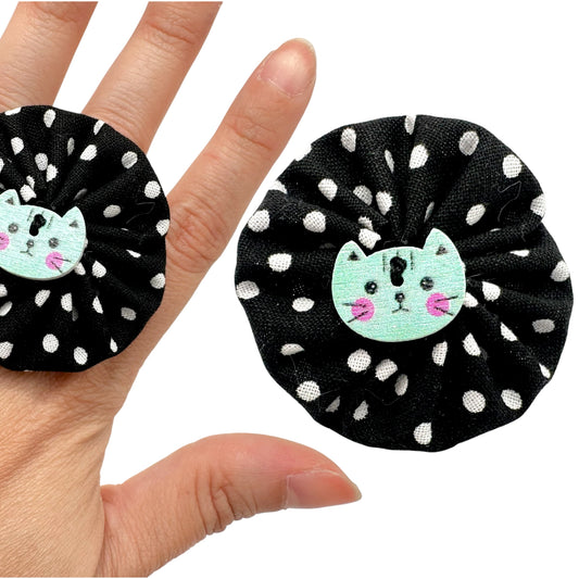 Fabric Swirl Kitty Cat Adjustable Ring - Black + White