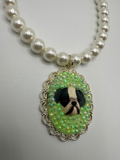 Sea Foam Green Bulldog Bedazzling Pearl Necklace