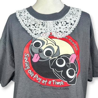 Ying and Yang Pugs Grey Tee with Lace Collar
