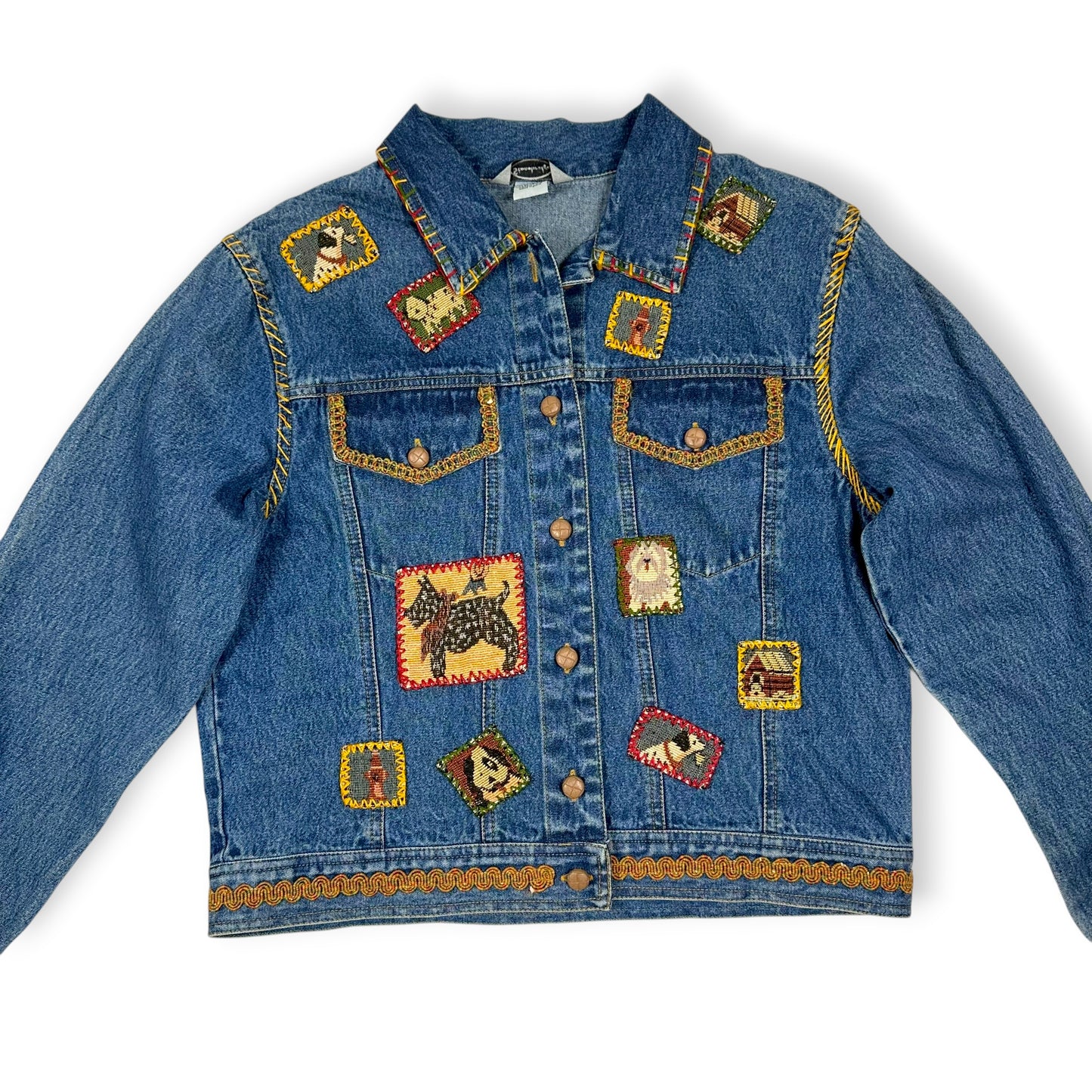 Vintage Handmade Embroidered Dog Themed Denim Jacket