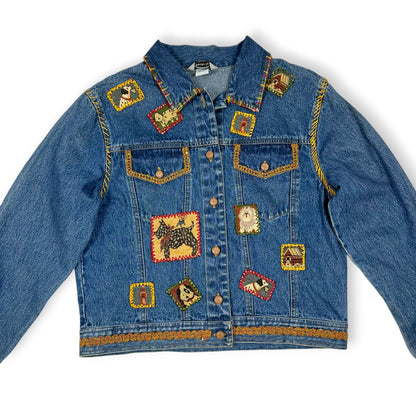 Vintage Handmade Embroidered Dog Themed Denim Jacket