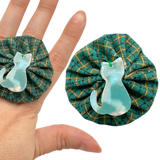 Fabric Swirl Kitty Cat Adjustable Ring - Plaid