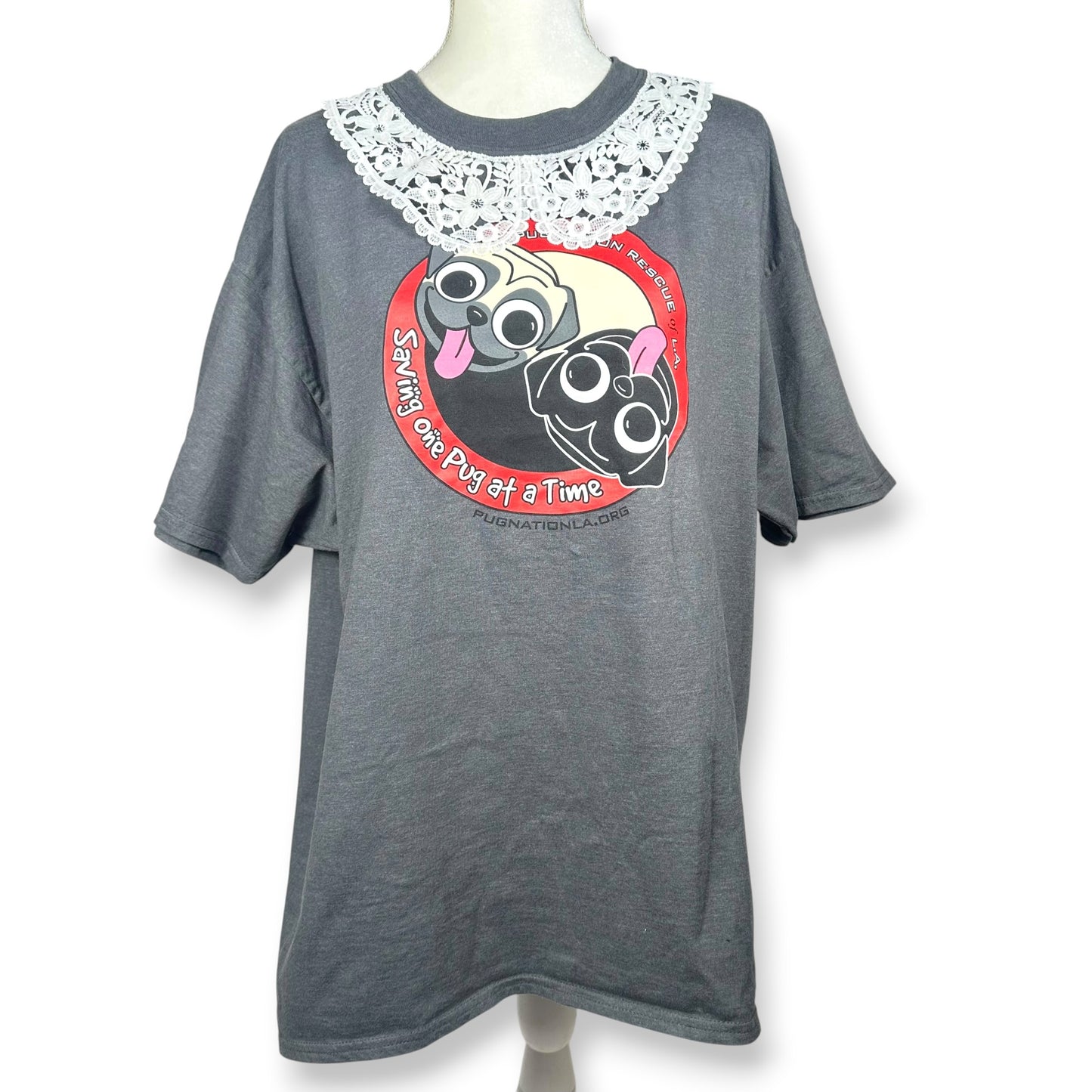 Ying and Yang Pugs Grey Tee with Lace Collar