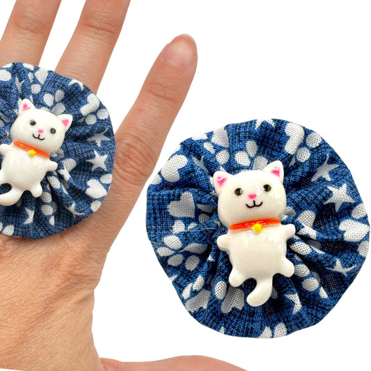 Fabric Swirl Kitty Cat Adjustable Ring - Blue + White