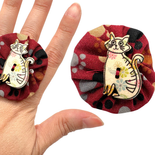 Fabric Swirl Kitty Cat Adjustable Ring - Burgundy