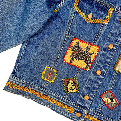 Vintage Handmade Embroidered Dog Themed Denim Jacket