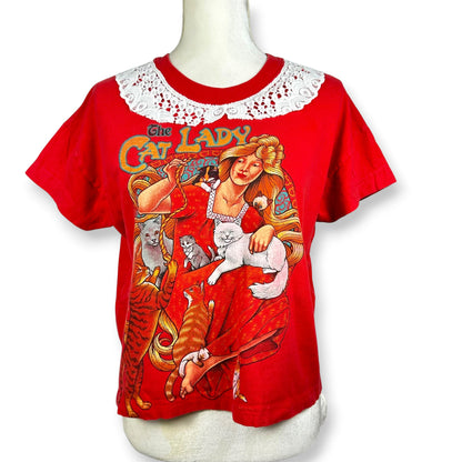 Vintage Crazy but Fabulous Cat Lady Red Tee with Lace Collar