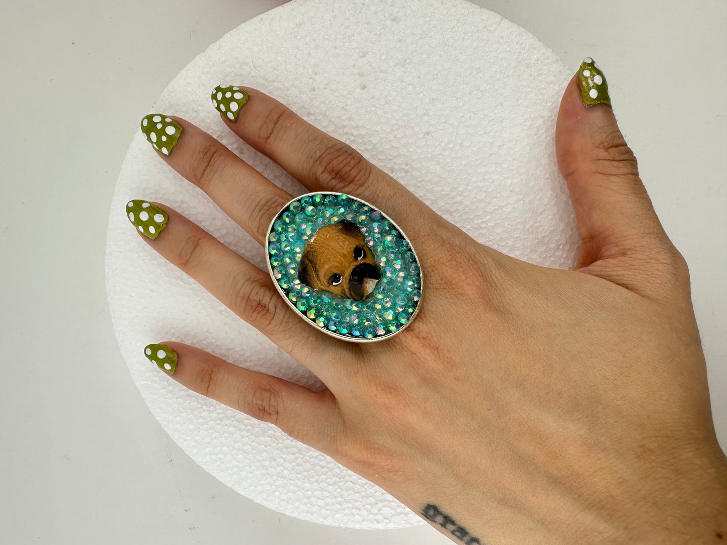 Tenderhearted Turquoise Bedazzled Bulldog Ring