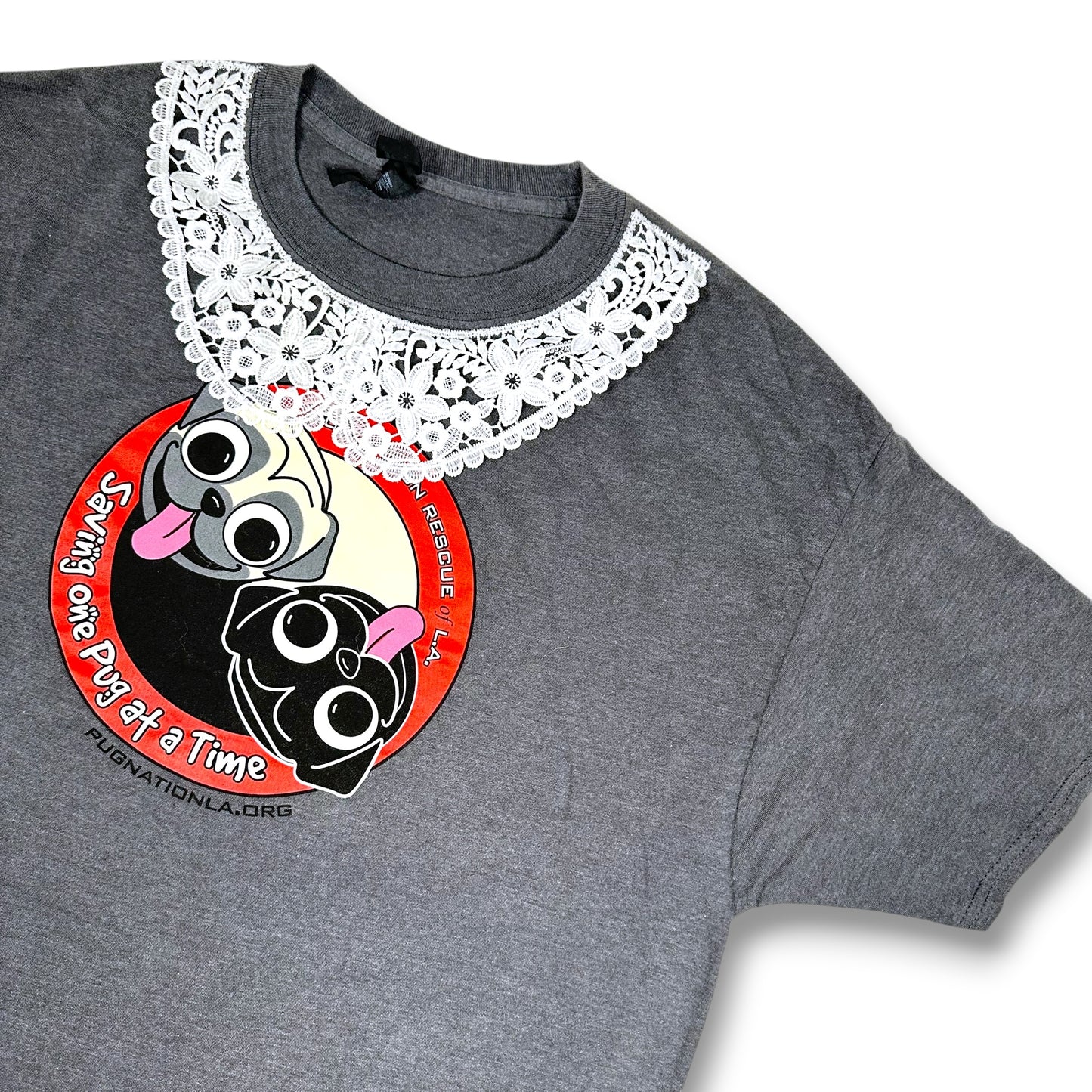 Ying and Yang Pugs Grey Tee with Lace Collar