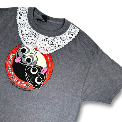 Ying and Yang Pugs Grey Tee with Lace Collar