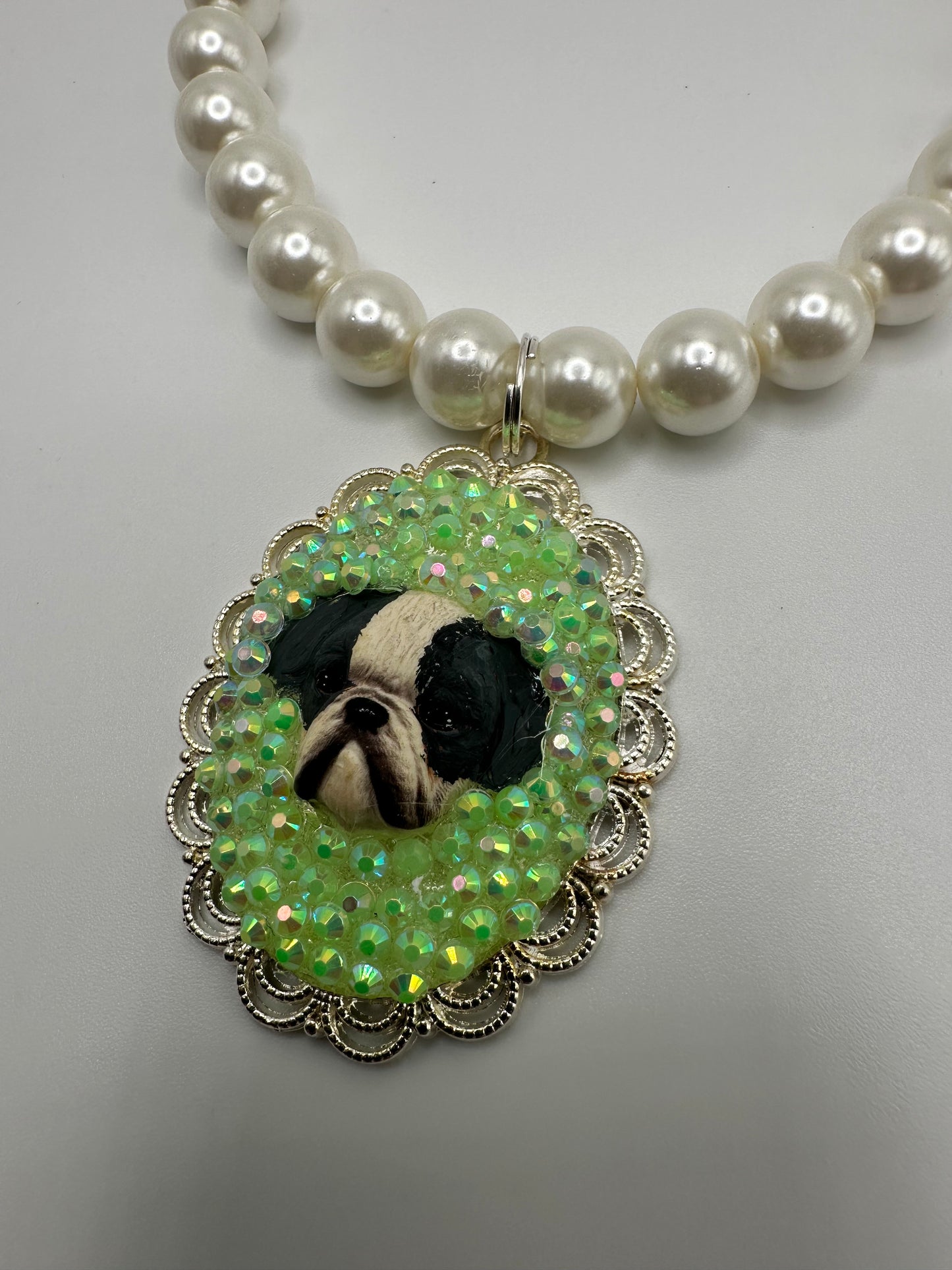 Sea Foam Green Bulldog Bedazzling Pearl Necklace