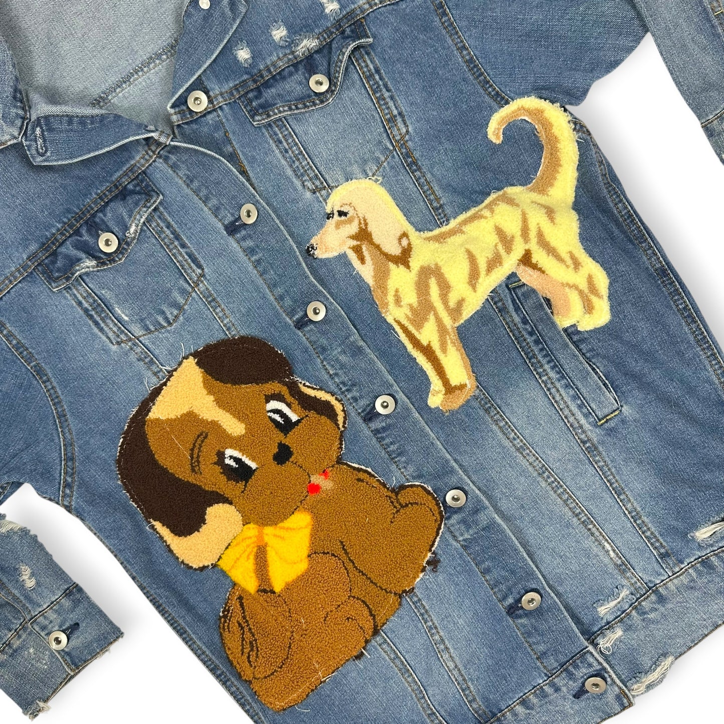 Vintage Upcycled Embroidered Patches Denim Jacket Dog Themed